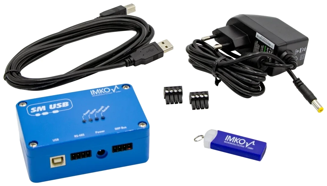 SM-USB kit: converter module, USB cable, power supply, two screw terminal blocks and software USB stick